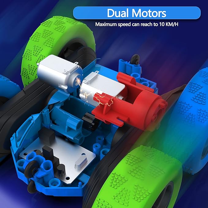 Remote Control Car for 6-12 Year Old Double Sided 360°Rotating 4WD RC Cars with Headlights 2.4GHz Electric Rechargeable Race Stunt Toy Car for Boys Girls Birthday (Blue&Green)