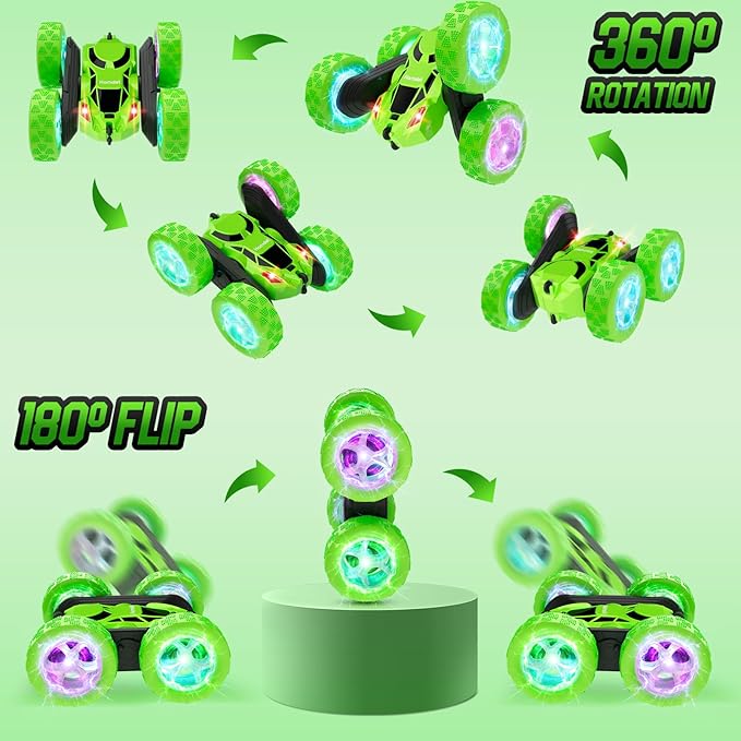 Remote Control Car, 360° Rolling Rotating 2.4GHz 4WD RC Cars for Kids, Boy Toys Age 6 7 8 9 10 Years Old, RC Crawlers for Boys Girls Birthday-Green