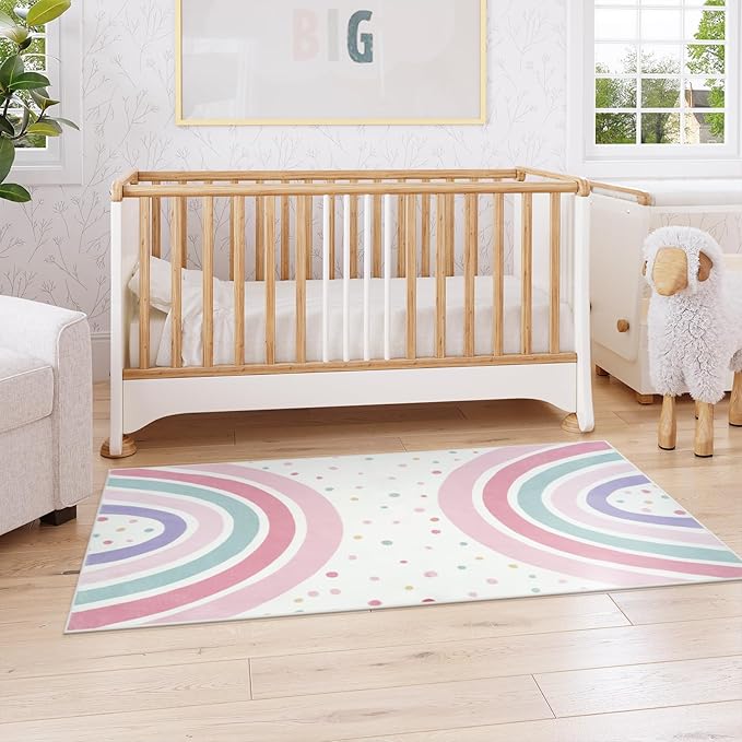 STARUIA 3x5 Rainbow Rug for Nursery Kids Room, Pink Carpet Soft Polka Dot Rug for Girl Bedroom, Non-Slip Small Washable Kids Area Rug for Playroom Princess Tent Castle
