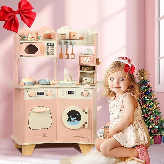 Play Kitchen for Kids - Wooden Pretend Play Kitchen Set Toy with Washing Machine and Coffee Grinder, Toys Kitchen Gift for 3+ Year Old Kids, Girls & Boys
