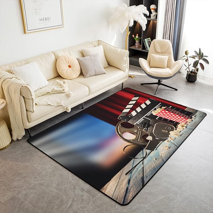 Erosebridal Movie Theater Rug 5x6'6'', Vintage Cinema Popcorn Carpet for Boys Girls, Vintage Film Clapper Theme Area Rug, Filmstrip Printed Non Slip Decorative Rug for Bedside