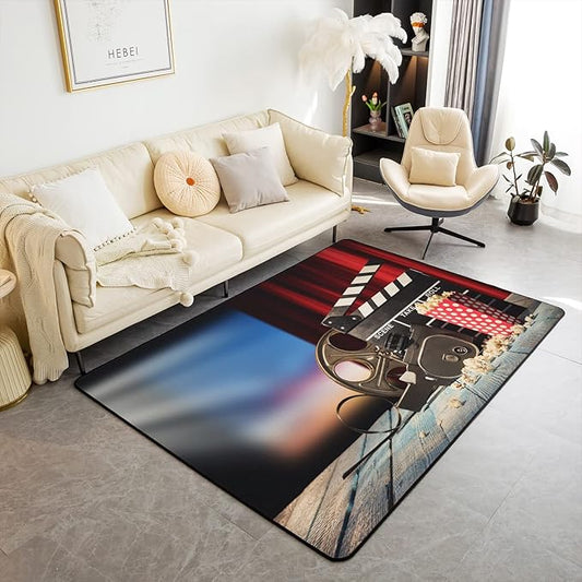 Erosebridal Movie Theater Rug 5x7, Vintage Cinema Popcorn Carpet for Boys Girls, Vintage Film Clapper Theme Area Rug, Filmstrip Printed Non Slip Decorative Rug for Bedside