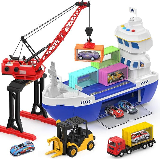 CUTE STONE 2-in-1 Toy Boat & Tower Crane Playset, Cargo Ship with Lights/Sounds | Push-Go Transport Ship & Construction Vehicle Toys, Interactive Carrier Boat for Kids Boys Girls
