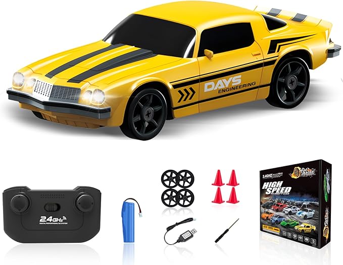 1/24 2.4GHz 4WD Remote Control Drift Car for Boys Girls - Mini RC Car With Light, Rechargeable Battery, and Drift Tires - Yellow Birthday and Xmas Toy for Kids