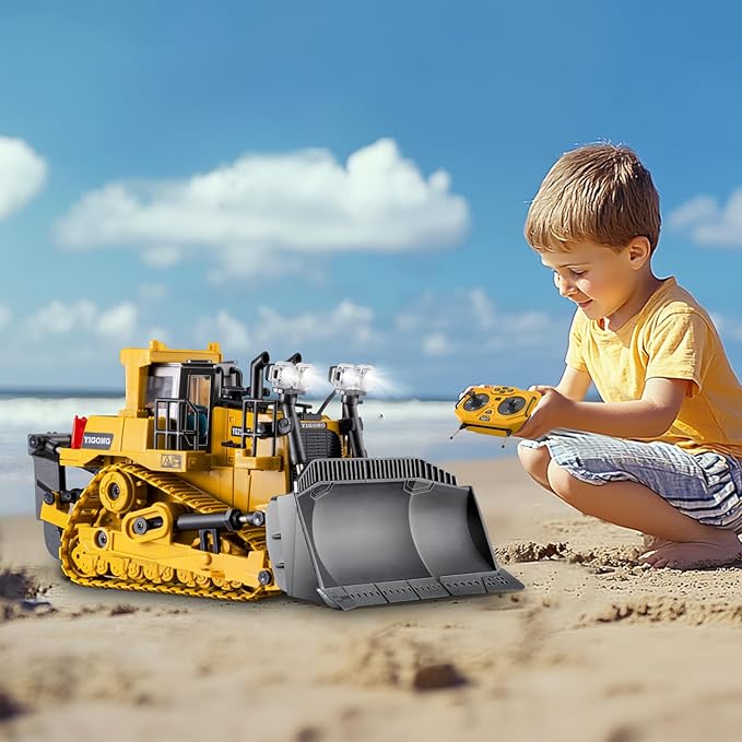 Rc Bulldozer Toys - Remote Control Bulldozer Construction Vehicles Trucks Toys for Boys Kids Age 7 8-12 - Metal Remote Control Electric Tractor Loader Toys with Light and Sound - Birthday Gift