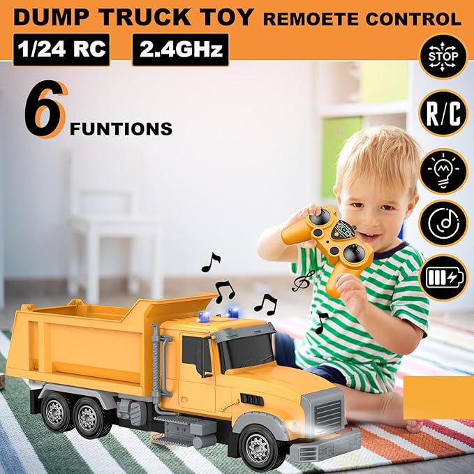 Remote Control Construction Vehicle Toy, 6 Channel RC Dump Truck with 2 Rechargeable Batteries, 1/24 Scale, Birthday Gift Idea for Boys 3-8 Years