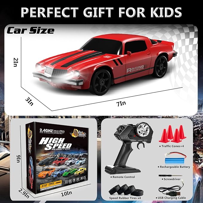 RC Drift Car 1:24 Remote Control Car 4WD 15KM/H High Speed Racing Sport Car with LED Lights RC Cars Toy Cars for Kids Boys Girls Adults Gifts Birthday Christmas Rechargeable Batteries