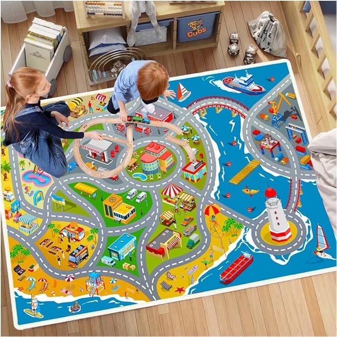 Kids car Rug playmat, Road Train Track with Non-Slip Backing for Boys and Girls playroom