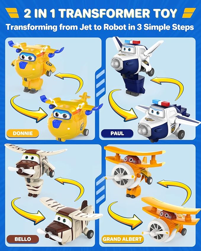 Super Wings Toys, Transformer Toys 2 Inch, Airplane Toy for Kids 3-5 Years Old, 15 Packs Transforming Jet Playset, Real Mobile Wheels, Birthday Party Supplies for Preschool Boys and Girls