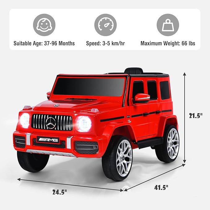 OLAKIDS 12V Kids Ride On Car, Licensed Mercedes Benz G63 Electric Vehicle with Remote Control, Double Open Doors, Music, Bluetooth, 2 Speeds, Wheels Suspension, Battery Powered Driving Toy (Red)