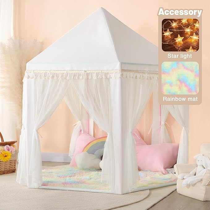 Princess Tent for Girls Indoor: with Rainbow Rug, Star Lights - White Play Tent for Kids, Girls Toys for Indoor Princess Games