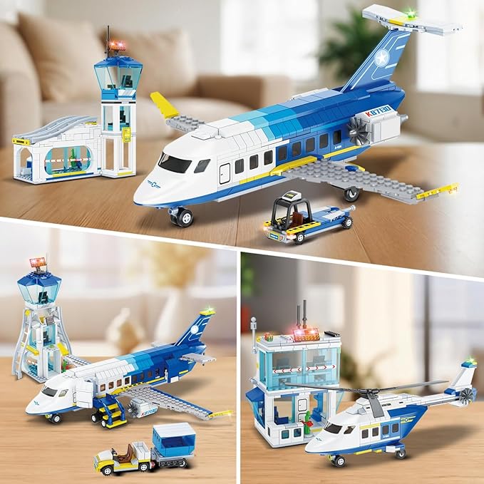 City Passenger Airplane Building Set, 711 PCS 3 IN 1 Plane Building Blocks Kit with Airport Terminal, Radar Tower, Luggage Truck, Planes Model Toys Gift for Boys Girls Kids 6 7 8 9+ Years Old