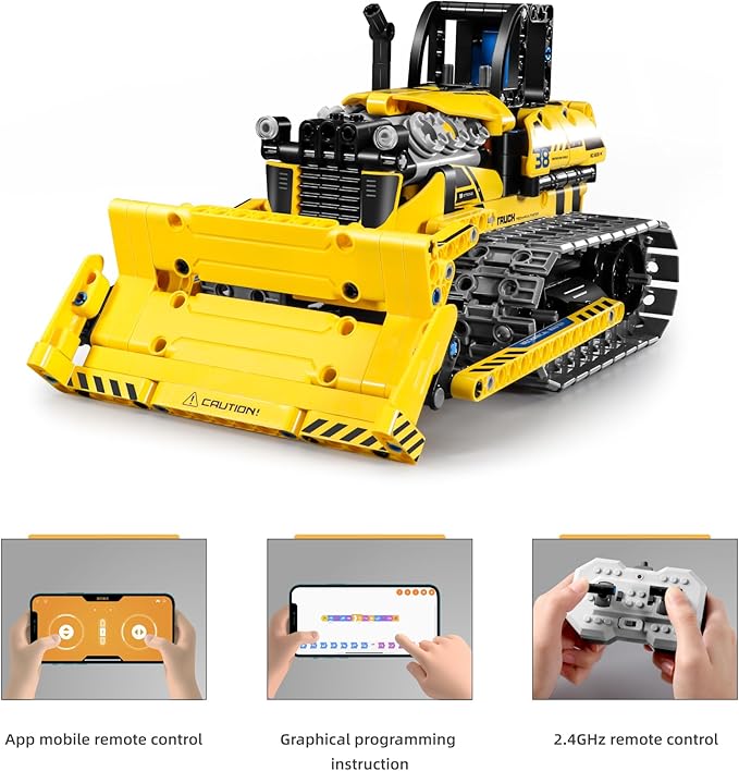 STEM Car Toy Building Block Take Apart Toy, 3in1 Crawler Bulldozer, APP Programming Remote Control, 452 Pcs DIY Building Kit, Learning Engineering Construction R/C Toys