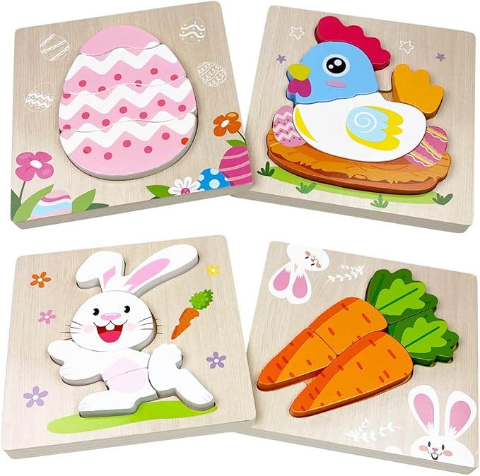 Anditoy 4 Pack Easter Wooden Puzzles for Kids Toddlers Easter Toys Easter Basket Stuffers Gifts Party Favors