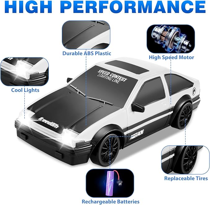 Remote Control Car RC Drift Car, 1/24 RC Car 2.4GHz 4WD RC Drift Racing Car High Speed RC Cars with Cool Lights, Rechargeable Battery and Extra Tires Toys for Kids (White)