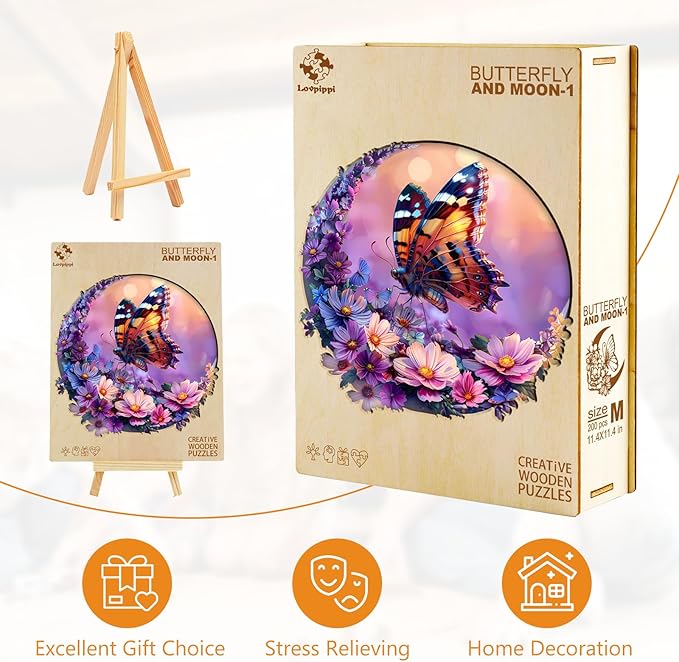 Wooden Puzzles for Adults, Wooden Jigsaw Puzzles for Adults, Butterfly and Moon-1 Unique Shaped Wood Puzzles Adult, Birthday Gifts for Friends Family Game, Home Decor (8.5 * 8.5in 100pcs)