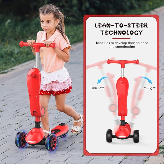 Kids Kick Scooter,Adjustable Height Handlebars and Removable Seat Scooters for Kids,3 Lighted Wheels Anti-Slip Deck Toddler Scooter for Boys & Girls Aged 3-12 up to 132 Lbs.