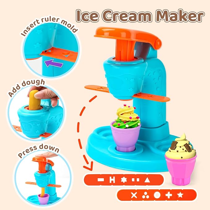 75 PCS 4 in 1 Dough Sets for Kids Ages 3-4-8, Art Crafts Dough Tools Kit, Ice Cream Playset Noodle Hamburger Maker Machine Dessert Rack, Kitchen Creations Food Play Toys Toddlers Boys Girls
