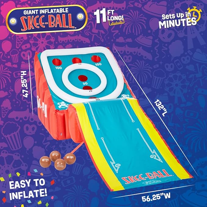 Skee-Ball Game for Kids and Adults, Giant Inflatable Game, 11 Feet Long, Includes 4 Balls and Electric Air Pump, Indoor and Outdoor Games for Adults and Family, Skee-Ball Arcade Game for Home, Toys