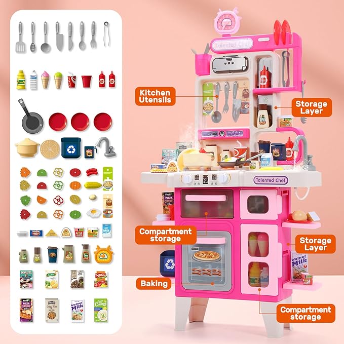 CUTE STONE Kids Kitchen Playset, Play Kitchen Set with Sound & Light, Cooking Stove with Steam, Toy Sink,Play Food Toy and Kitchen Accessories for Pretend Play, Kitchen Toy Set for Toddler Girls, Pink