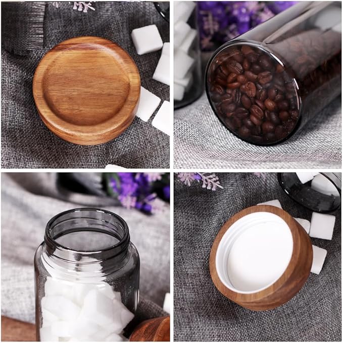 SAIOOL 3 Packs grey Glass Food Storage Jars with Screw Airtight Seal Acacia Wood Lids,Spice Jars with Lids, Organization for Jars Bottles Containers Travel Gear, Sugar, Salt,Coffee, cookies,spices