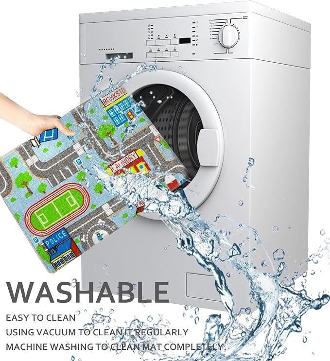 Educational Road Traffic Carpet Kids Carpet Playmat Car Rug Fun City Life Map Kids Car Rug Non Slip Play Carpet for Children Playroom Bedroom Classroom Decor (Sky Blue, 5'2''x3'3'')