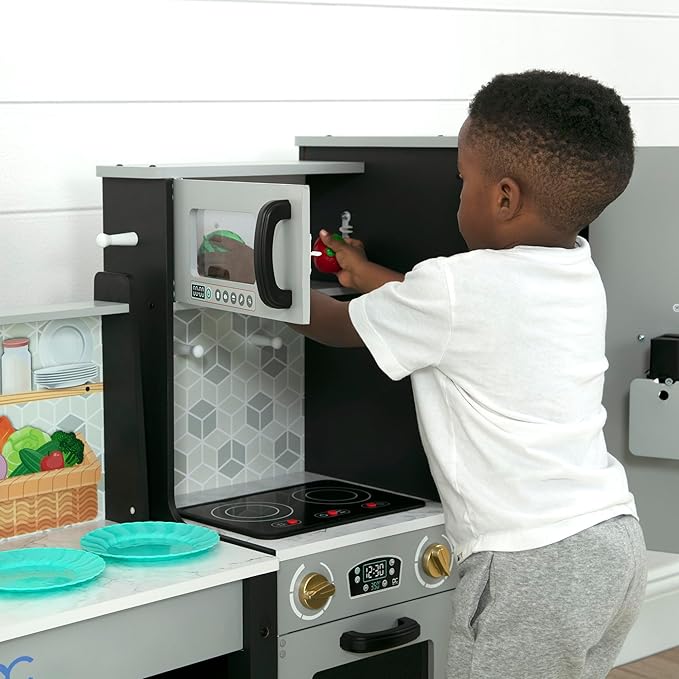 Delta Children Gourmet All-in-One Corner Play Kitchen - Toy Kitchen Playset with Safe & Heatless Stove with Lights, Oven, Sink, Fridge/Freezer with Ice Maker and 20 Accessories, Grey