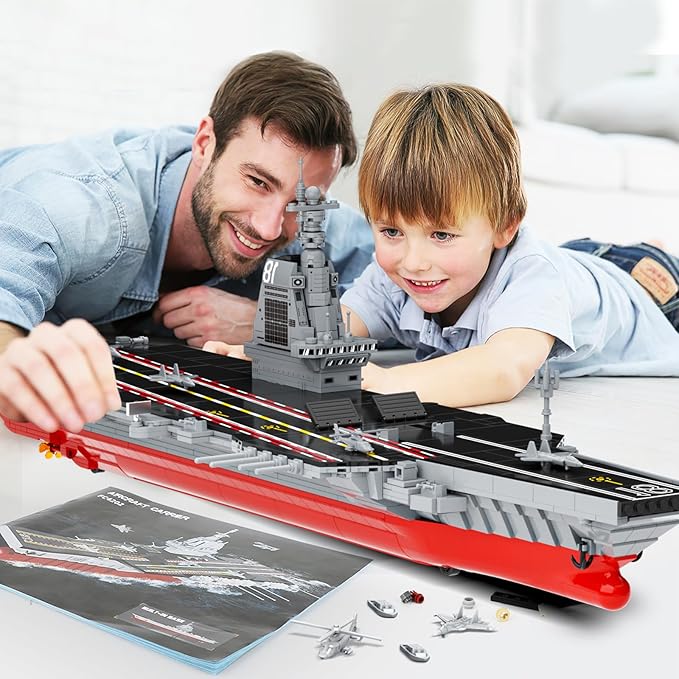 Aircraft Carrier WW2 Military Battleship Building Block Set, Large-SizedCruiser Toy, Military Battle Ship with Helicopter and City Lifeboat, Compatible with Lego Sets for Boys 8-14 & Adults (1514pcs)