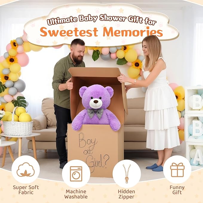 MorisMos Bow Tie Giant Teddy Bear, 39inch Large Teddy Bear Plush, Soft Big Bears for Girls Girlfriend, Purple