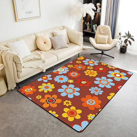 Erosebridal Groovy Flower Power Area Rug 5'x6'6'' Cute Boho Floral Rug 60S 70S Hippie Carpet for Kids Girls Teen Women Kawaii Colorful Vintage Bohemian Brown Non Slip Decorative Rug for Bedside