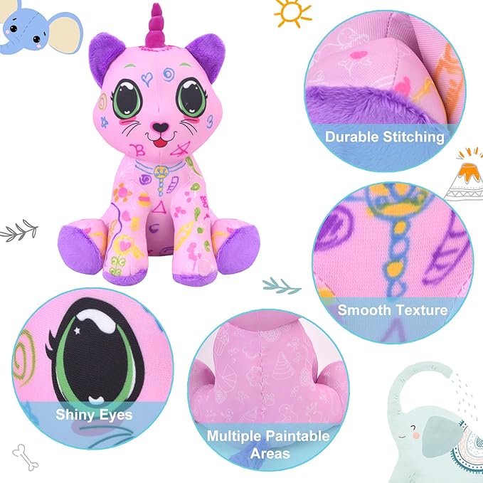 Coloring Plush Toy with 12 Washable Markers for Little Girls Doodle Dolls Arts and Crafts Soft DIY Washable Doodle Stuffed Animal Toy for Kids Ages 4-6 Birthday (Pink Cat)