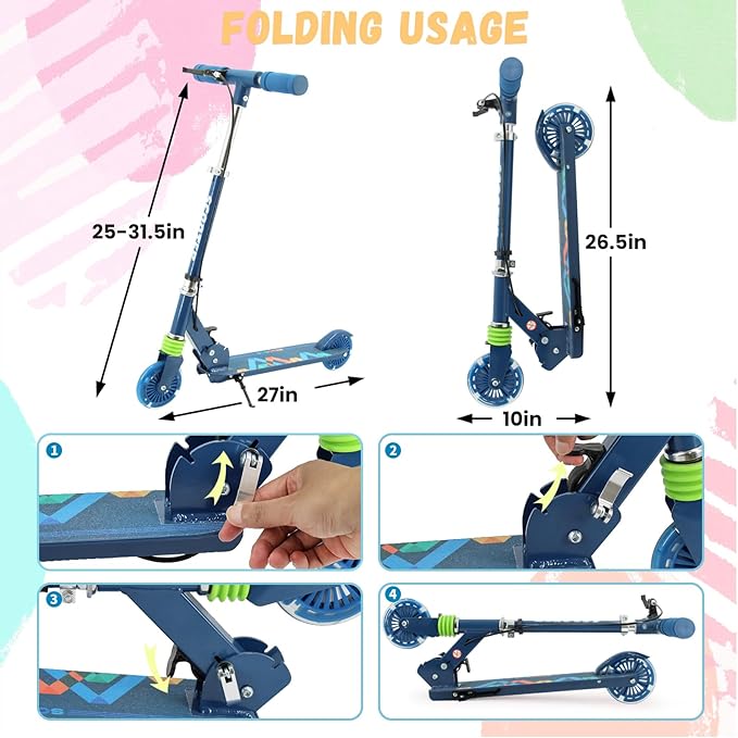 TENBOOM Scooter Kids Scooter with Handbrake, Toddler Scooter Scooters for Kids 3+, Light up LED Wheels Toys for Kids, Adjustable Handlebar, Foldable Scooter for Kids
