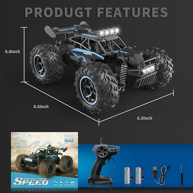 Remote Control Car, 2.4GHz 20-25KM/H Variable Speed Turbo 2-Speed Acceleration High Speed RC Car, 1:16 Off-Road Monster Truck with LED Lights and 1800mAh Rechargeable Battery – Ideal Gift for Boys 6