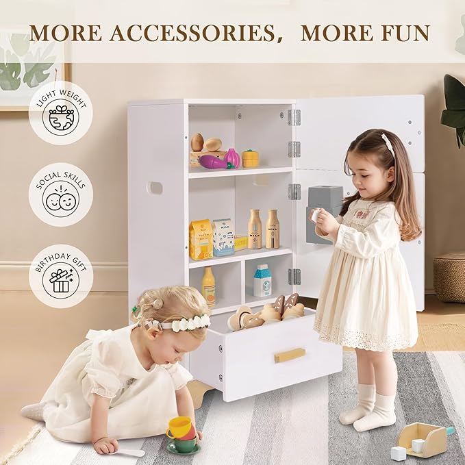 labebe - Kitchen Wooden Fridge | Fridge Freezer for Toddlers, Kids' Kitchen Playset Toy, Baby Cabinet Refrigerator Pretend Play Furniture White for Children Boy & Girl(15.8" 13.8”27”)