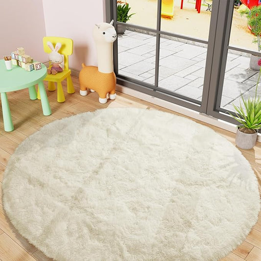 LOCHAS Luxury Round Fluffy Area Rugs for Bedroom Kids Girls Room Nursery, Super Soft Circle Rug, Cute Shaggy Carpet for Children Living Room, 5x5 Feet Cream