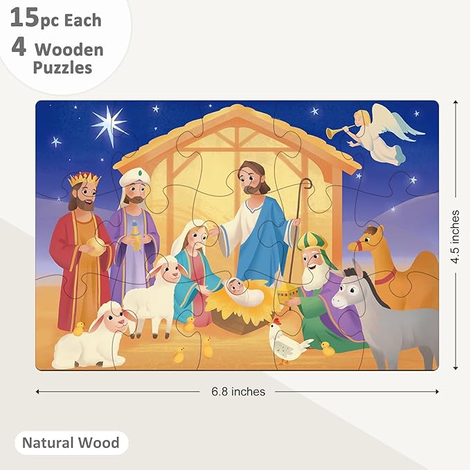 Bible Themed 4-in-1 Wooden Jigsaw Puzzles in Box, 15 Piece Each, Christian Religious Nativity Toys for Kids, Easter Christmas Puzzle for Kids (New Testament)