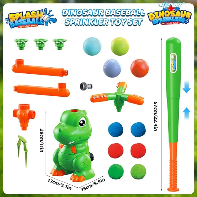 VATOS Water Sprinkler Baseball Outdoor Toy for Kids, 4 in 1 Dinosaur 360° Spin Sprinkler Water Tee-Ball & Ball, Summer Fun Play Games Outside Backyard Yard Garden Lawn for Toddlers Boys Girls