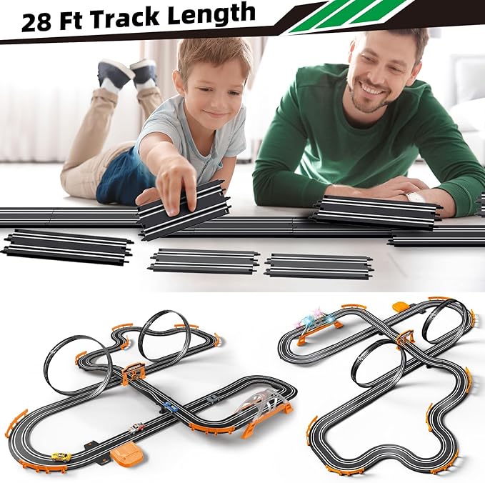 Slot Car Race Track for Kids with 4 Slot Cars, Dual Racing Electric Car Tracks Game Featuring Flash Bridge and Pendulum Toys Gifts for Boys Girls Age 6 7 8 Years Old
