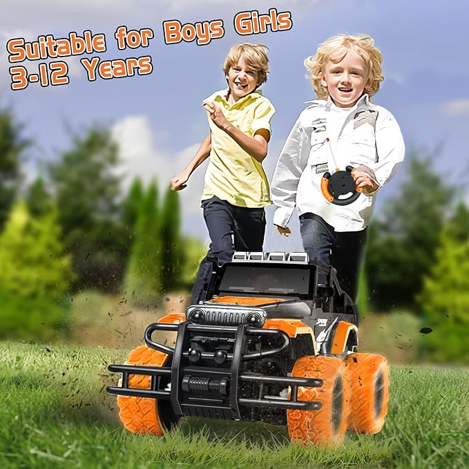 Remote Control Car for Kids 3-5, Off Road Rc Racing Car Vehicle Remote Control Truck for Girls Boys 4-7 8-12 Monster Trucks with 3 Color Led Lights Birthday Gift, Orange