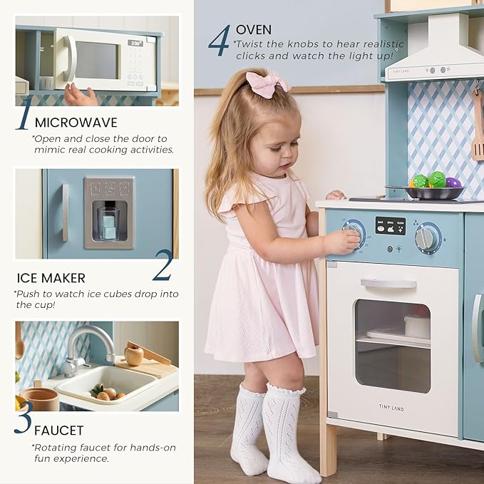 Tiny Land Play Kitchen for Kids, Wooden Kids Play Kitchen Playset Chef Pretend Play Set for Toddlers with Real Lights & Sounds, Toys Kitchen with 18 Pcs Toy Food & Cookware Accessories