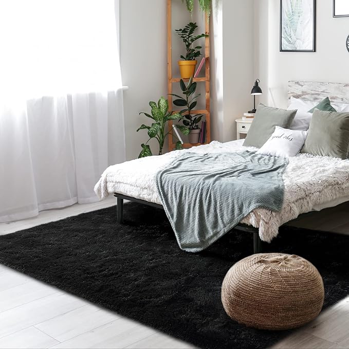 Amearea Shag Fluffy Area Rug for Bedroom Girls Living Room, Extra Soft and Fuzzy Shaggy Rugs, Non Slip, Solid Color Carpet Mat for Boys Nursery Home, Black 5x8 Feet