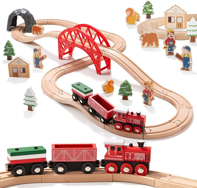 36 PCS Christmas Wooden Train Set Toy for Toddler Kids, Expandable Changeable Wooden Train Track for Boys & Girls 3-7, Christmas Birthday Gift, fits for Brio,Thomas, Melissa and Doug