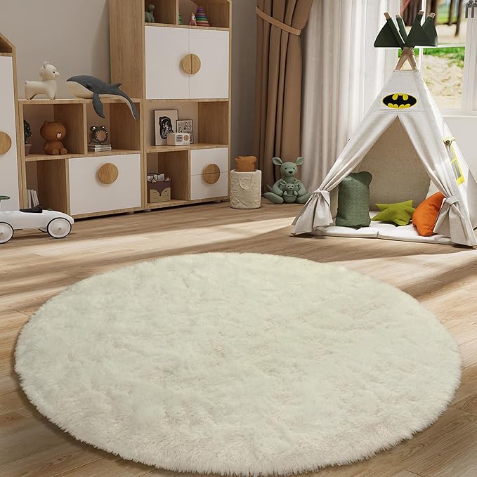 LOCHAS Luxury Round Fluffy Area Rugs for Bedroom Kids Girls Room Nursery, Super Soft Circle Rug, Cute Shaggy Carpet for Children Living Room, 5x5 Feet Cream