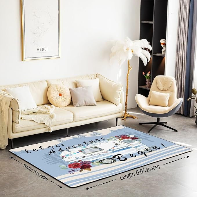 Erosebridal Camper Adventure Area Rug 5x7 RV Car Rug for Young Teens Cartoon Spring Flowers Mountain Travel Carpet Retro Blue Abstract Botanical Non Slip Decorative Rug