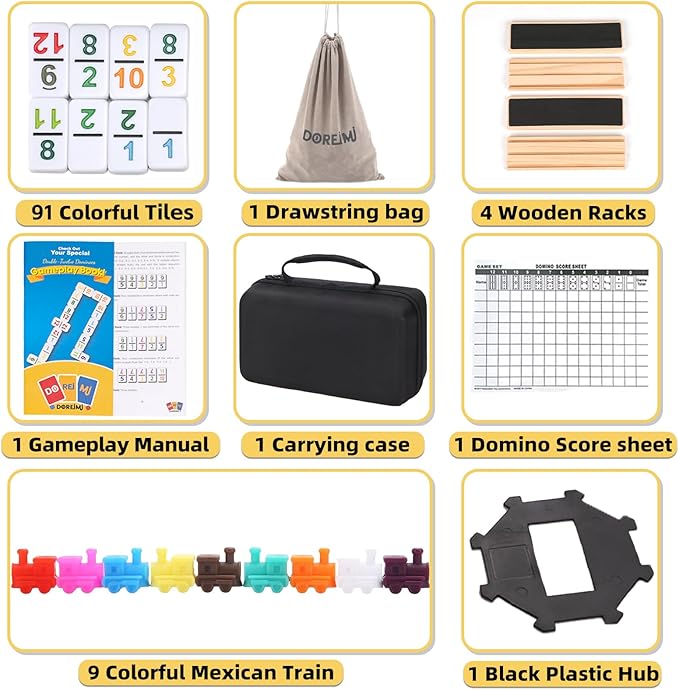 Double 12 Mexican Train Dominoes Set with 4 Wooden Racks & 91 Colorful Number Tiles Portable Travel Board Game for Kids and Adults Family Game Night