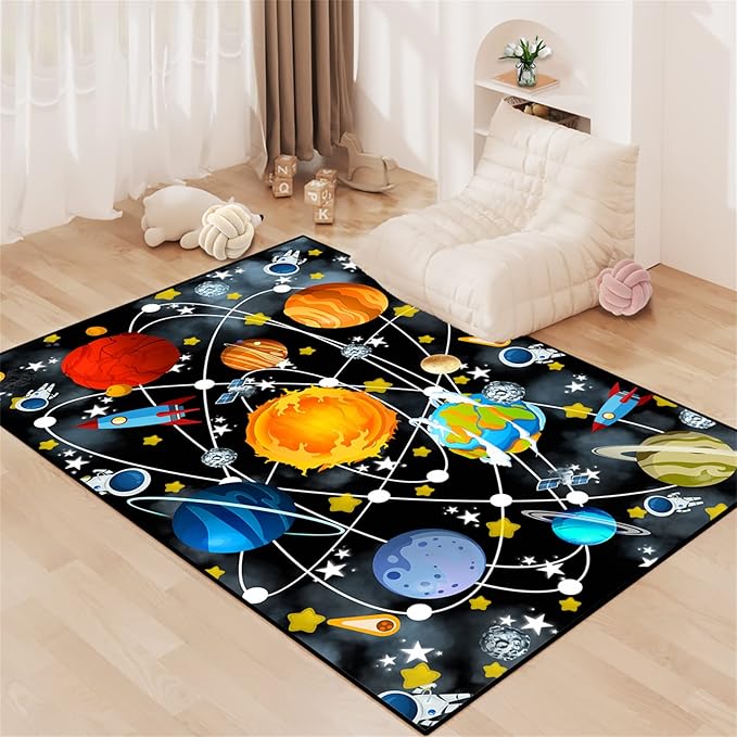 Blue Space Rugs Educational Learning Large Size Solar System Carpet Rugs Kids Rug for Bedroom Boys Space Area Rug Living Bedroom Dining Room Decor, 3'×4'