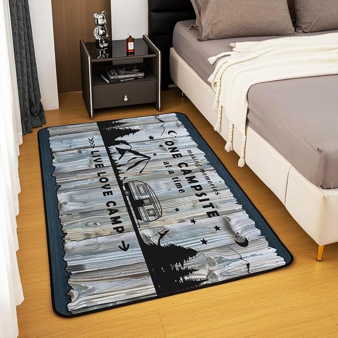 Erosebridal Happy Camping Area Rug 5x7 RV Campsite Rug for Teens Retro Wooden Board Rustic Mountain Carpet Blue Black Live Love Camp Cabin Bedroom Non Slip Decorative Rug