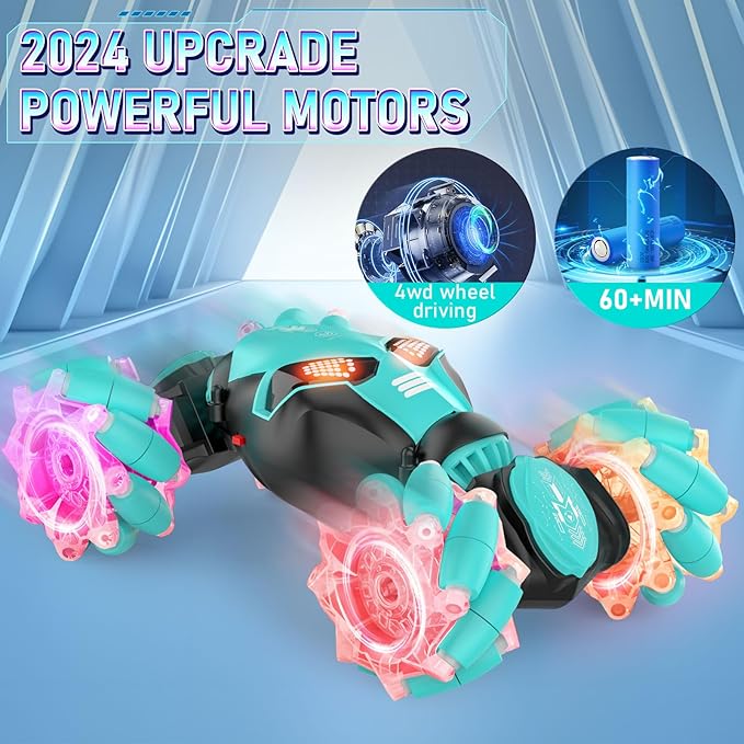 Gesture RC Cars, Hand Controlled Stunt Car for 6-12 yr Boys Girls, 2.4GHz Gesture Sensor Remote Control Cars, 4WD RC Twist Car with Light Music for Kids Birthday Xmas Gift Blue