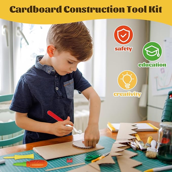 361 Piece Cardboard Construction Tools Kit for Kids: STEAM Building Toy Set with Cardboard Cutter Gloves Screws Nuts, Educational Craft Kit Gift for Boys Girls Age 5+, Great for Home Play + Classroom