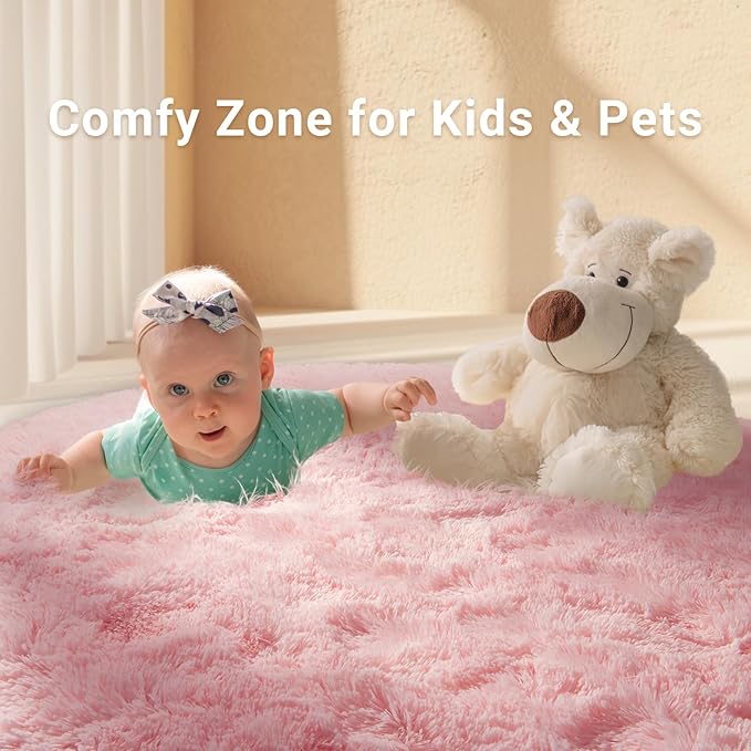 LOCHAS Luxury Round Fluffy Area Rugs for Bedroom Kids Girls Room Nursery, Super Soft Circle Rug, Cute Shaggy Carpet for Children Living Room, 5x5 Feet Pink